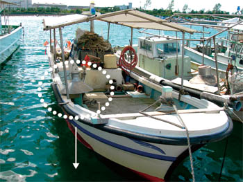 タコ壺延縄漁を行う漁船